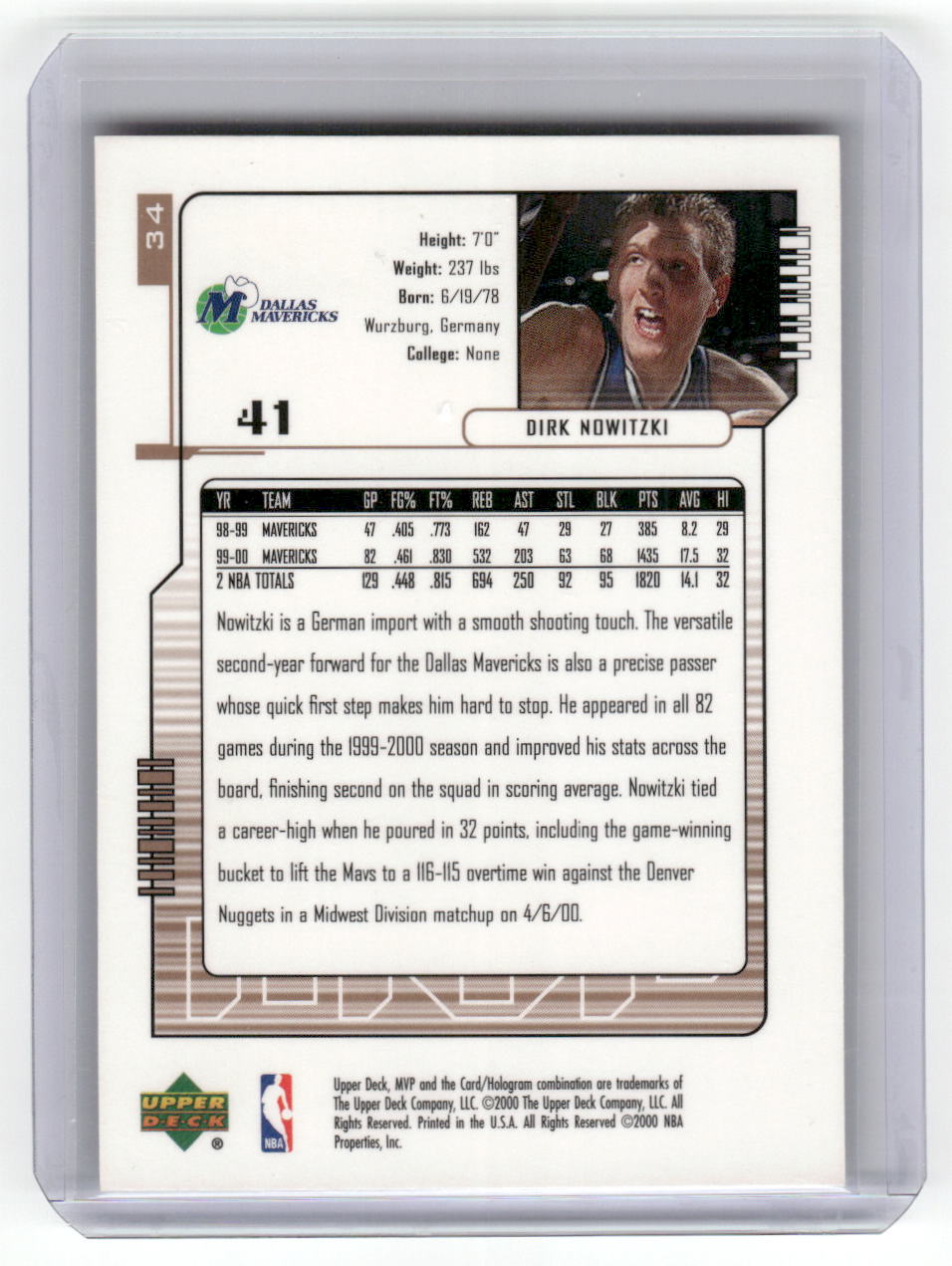 2000-01 Upper Deck MVP #34 Dirk Nowitzki