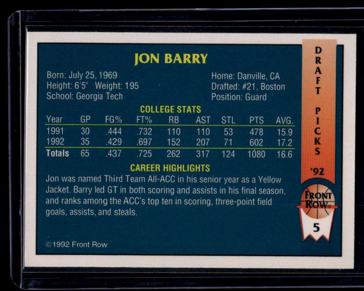 1992 Front Row Draft Picks #5 Jon Barry