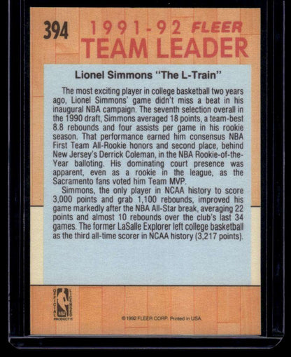 1991-92 Fleer #394 Lionel Simmons