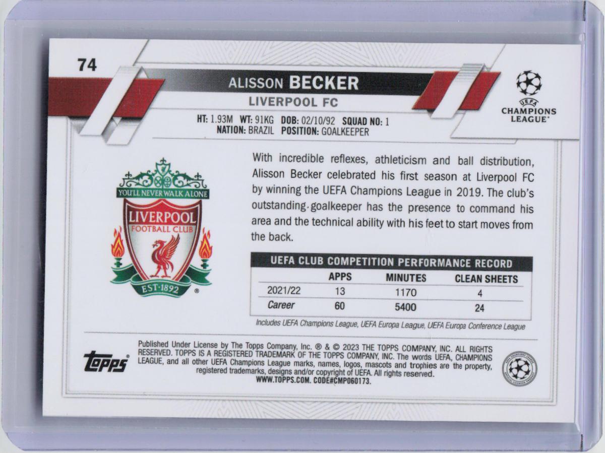 2022-23 Topps Chrome UEFA Club Competitions #74 Alisson Becker