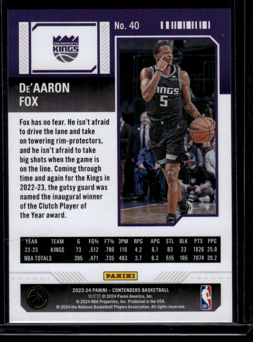 2023-24 Panini Contenders #40 De’Aaron Fox Season Ticket