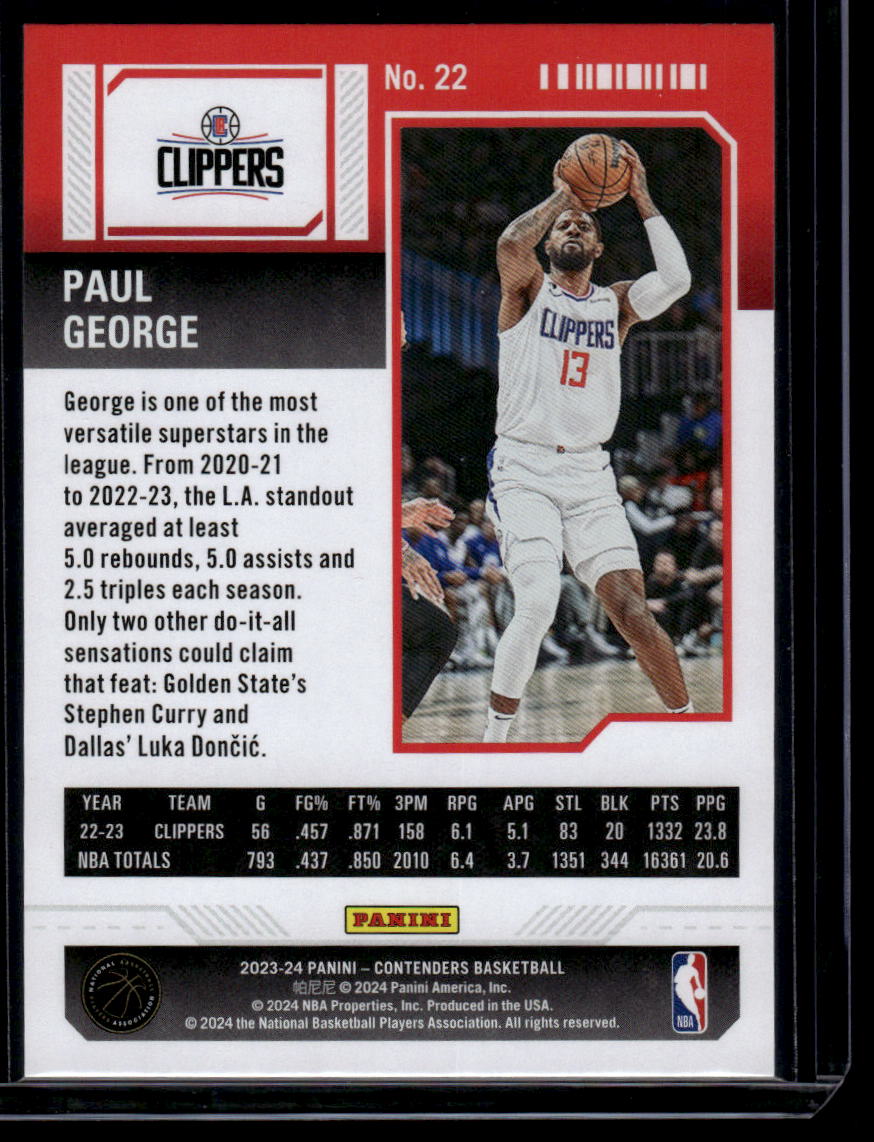 2023-24 Panini Contenders #22 Paul George Season Ticket