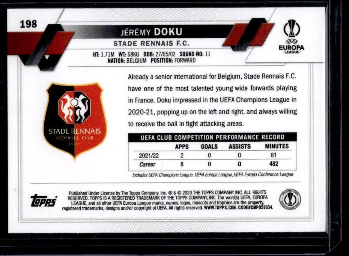 2022-23 Topps UEFA Club Competitions #198 Jérémy Doku Pink Sparkle Foil