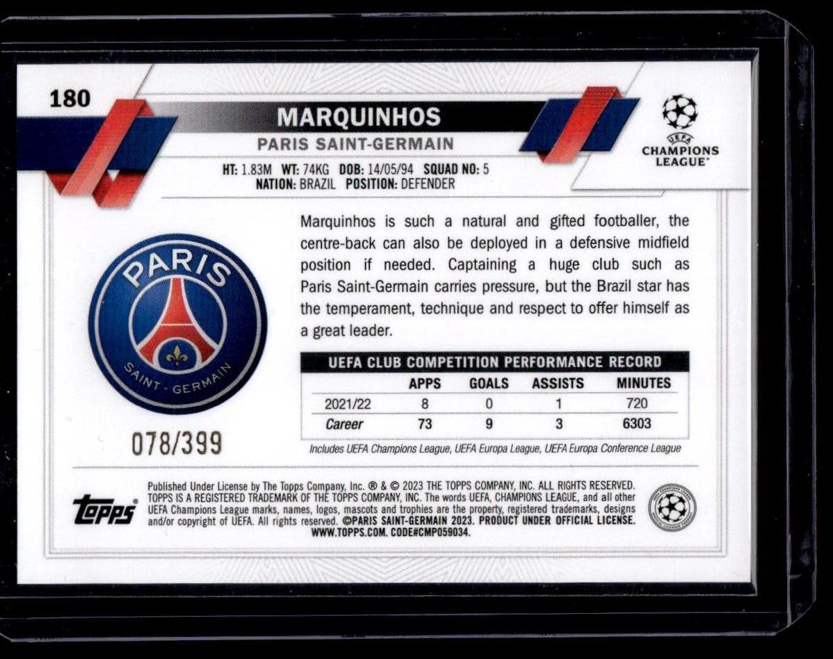 2022-23 Topps UEFA Club Competitions #180 Marquinhos Icy Aqua Foil #/399