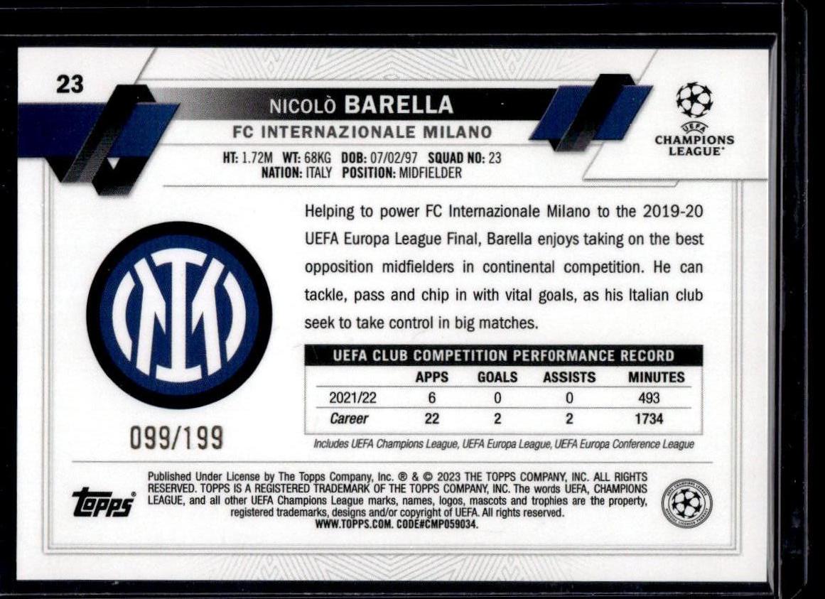 2022-23 Topps UEFA Club Competitions #23 Nicolò Barella Neon Green Foil #/199