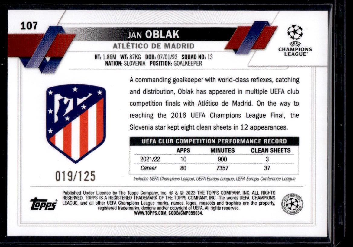 2022-23 Topps UEFA Club Competitions #107 Jan Oblak Blue Inferno Foil #/125