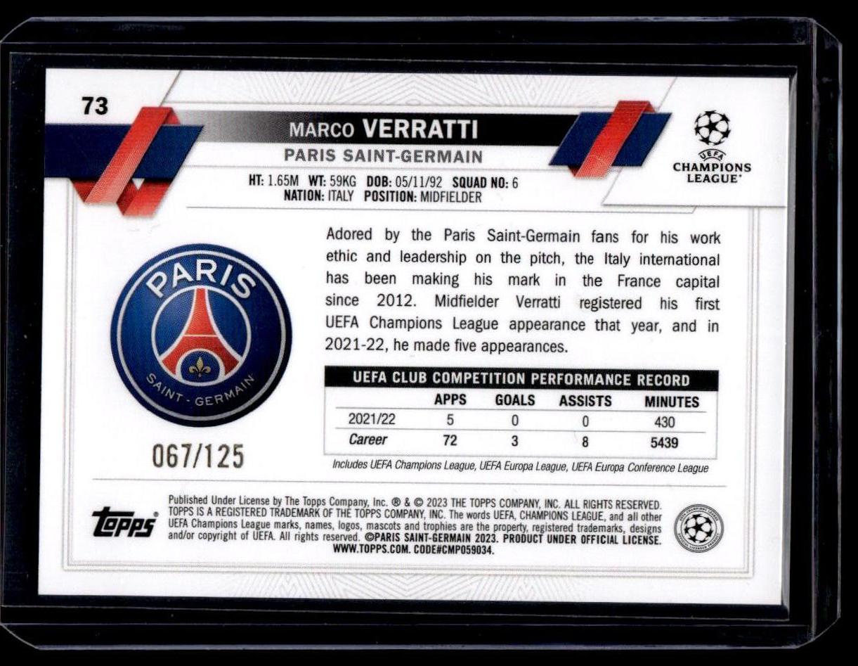 2022-23 Topps UEFA Club Competitions #73 Marco Verratti Blue Inferno Foil #/125