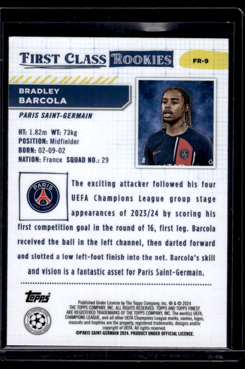 2023-24 Finest UEFA CC #FR-9 Bradley Barcola Finest First Class Rookies