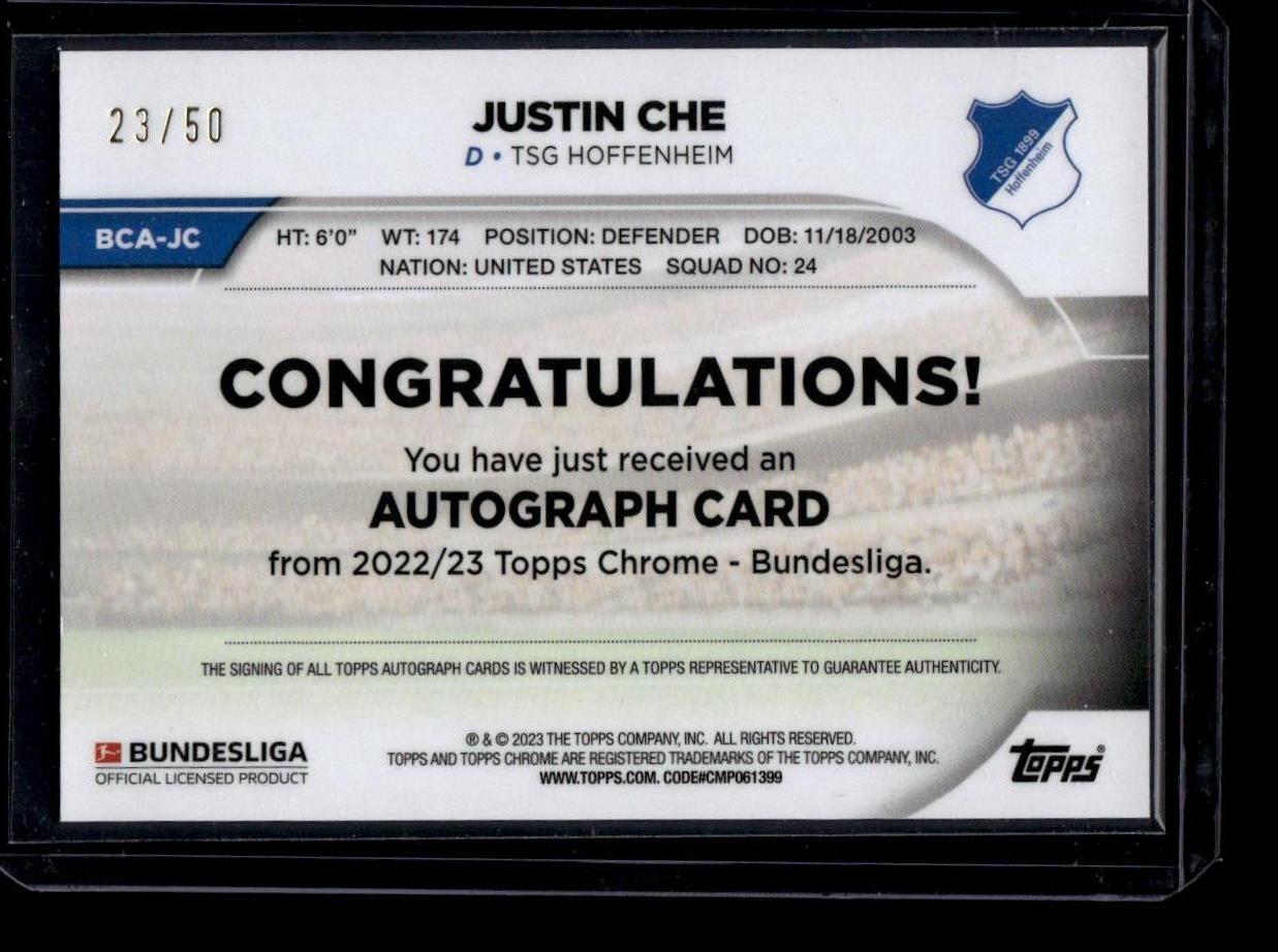 2022-23 Topps Chrome Bundesliga #BCA-JC Justin Che Auto Gold Refractor #/50