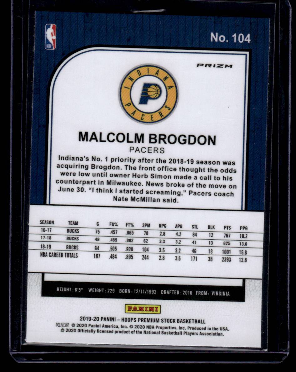 2019-20 Hoops Premium Stock #104 Malcolm Brogdon Prizms Silver Laser