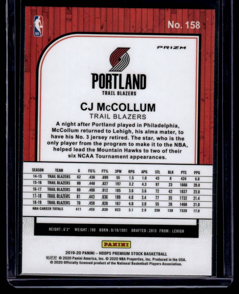 2019-20 Hoops Premium Stock #158 CJ McCollum Prizms Silver Laser