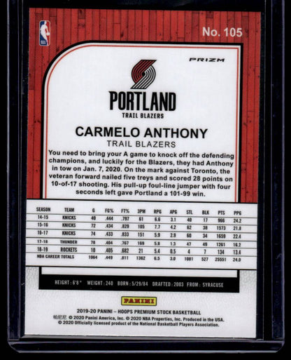 2019-20 Hoops Premium Stock #105 Carmelo Anthony Prizms Silver Laser