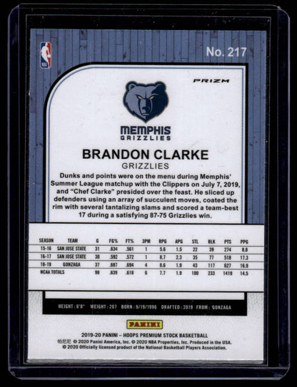 2019-20 Hoops Premium Stock #217 Brandon Clarke Prizms Green