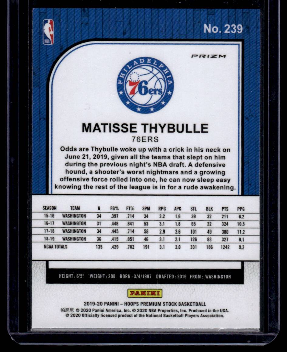 2019-20 Hoops Premium Stock #239 Matisse Thybulle Prizms Silver Laser