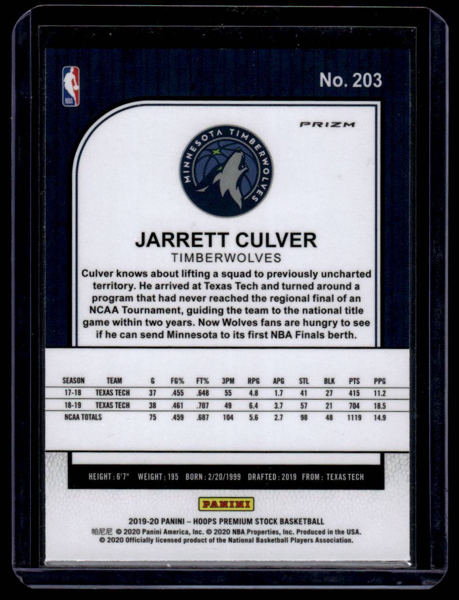 2019-20 Hoops Premium Stock #203 Jarrett Culver Prizms Silver Laser