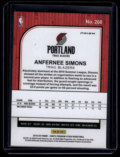 2019-20 Hoops Premium Stock #268 Anfernee Simons Prizms Silver Laser