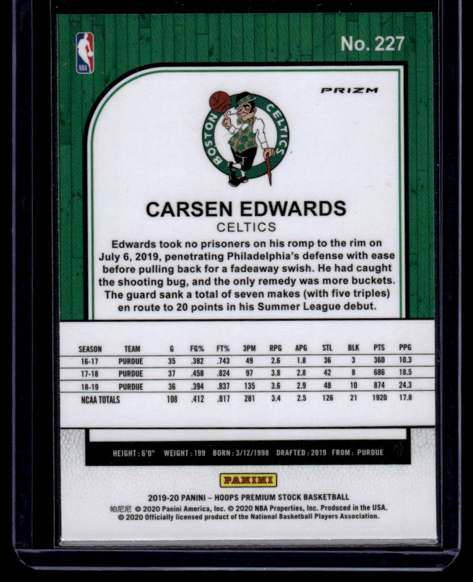 2019-20 Hoops Premium Stock #227 Carsen Edwards Prizms Silver Laser