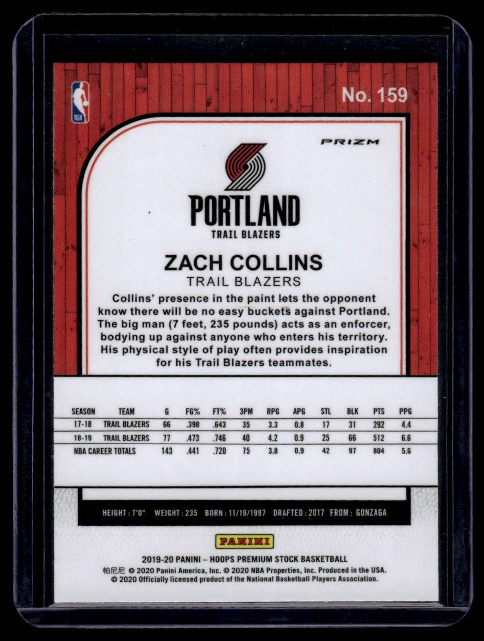 2019-20 Hoops Premium Stock #159 Zach Collins Prizms Silver Laser