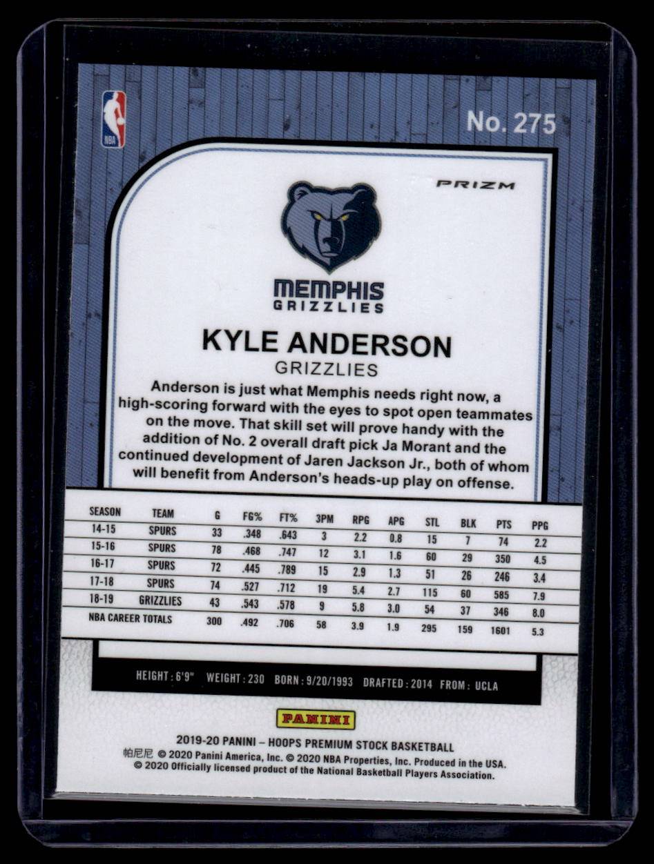 2019-20 Hoops Premium Stock #275 Kyle Anderson Prizms Silver Laser