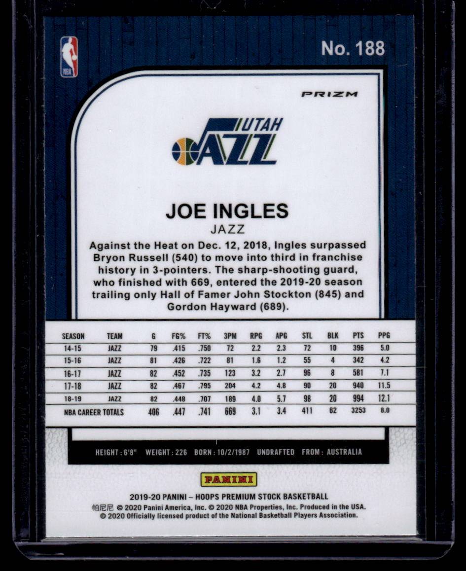 2019-20 Hoops Premium Stock #188 Joe Ingles Prizms Silver Laser