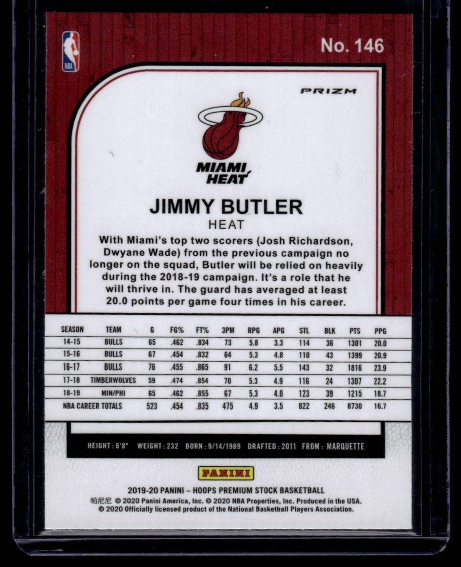 2019-20 Hoops Premium Stock #146 Jimmy Butler Prizms Silver Laser