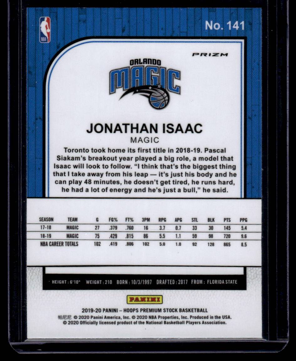 2019-20 Hoops Premium Stock #141 Jonathan Isaac Prizms Silver Laser