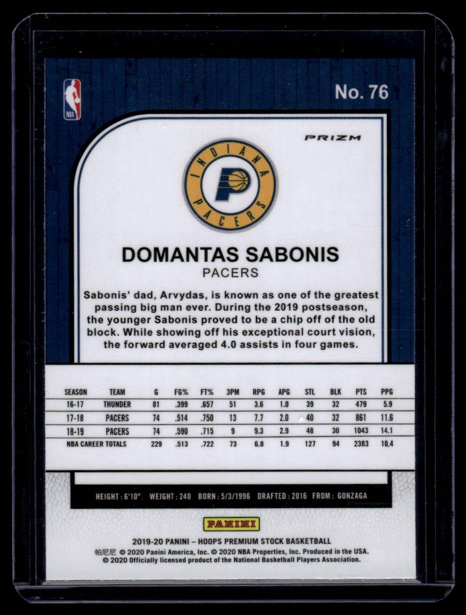 2019-20 Hoops Premium Stock #76 Domantas Sabonis Prizms Silver Laser