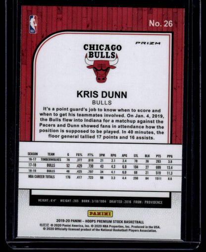 2019-20 Hoops Premium Stock #26 Kris Dunn Prizms Silver Laser