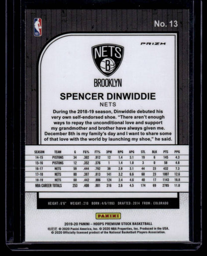 2019-20 Hoops Premium Stock #13 Spencer Dinwiddie Prizms Silver Laser