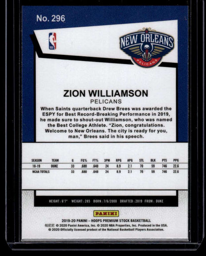 2019-20 Hoops Premium Stock #296 Zion Williamson