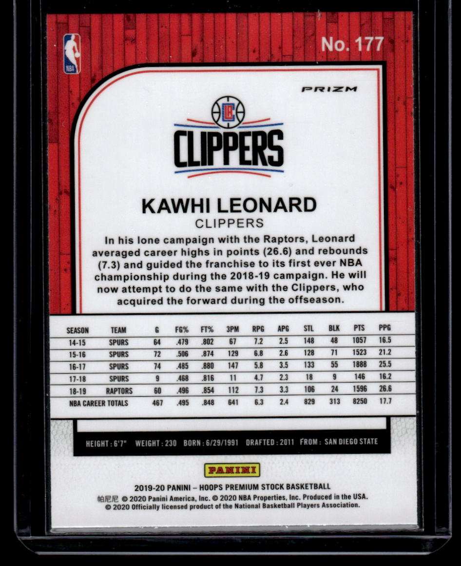 2019-20 Hoops Premium Stock #177 Kawhi Leonard Prizms Silver Laser