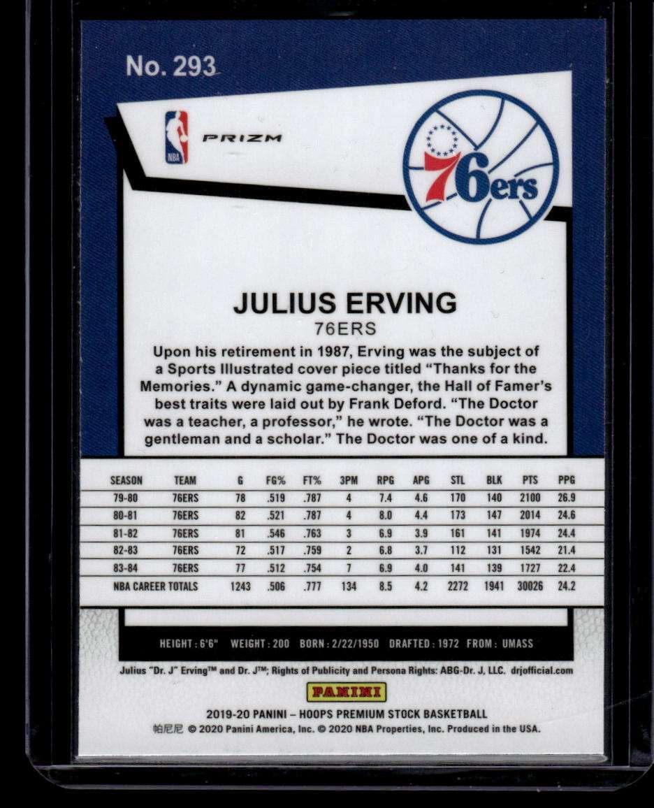 2019-20 Hoops Premium Stock #293 Julius Erving Prizms Silver Laser