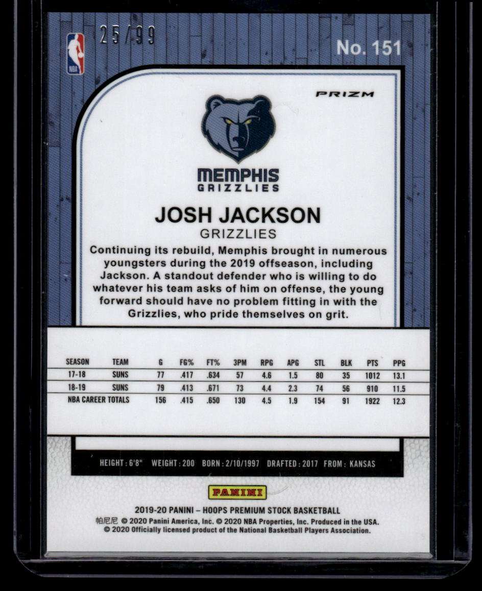 2019-20 Hoops Premium Stock #151 Josh Jackson Prizms Blue Laser #/99