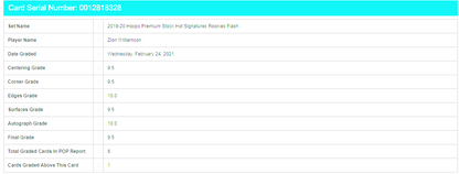 2019/20 Panini Hoops Pemium Stock HOT SIGNATURES Rookies Flash  - Zion Williamson BGS 9.5